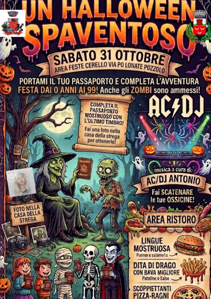 Locandina per un evento di Halloween con dettagli sulla festa del 31 ottobre, inclusi giochi, musica e cibo mostruoso. Presenta una strega, zombie, e bambini in costume.