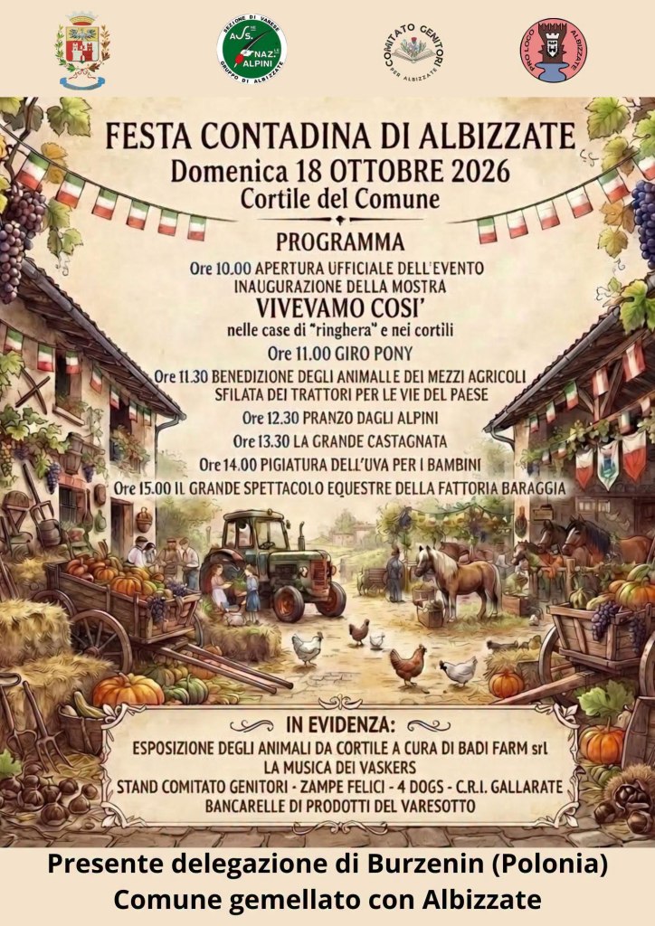 Manifesto per la Festa Contadina di Albizzate, con programma dettagliato dell'evento previsto per il 18 ottobre 2026 nel Cortile del Comune, evidenziando attività e attrazioni.