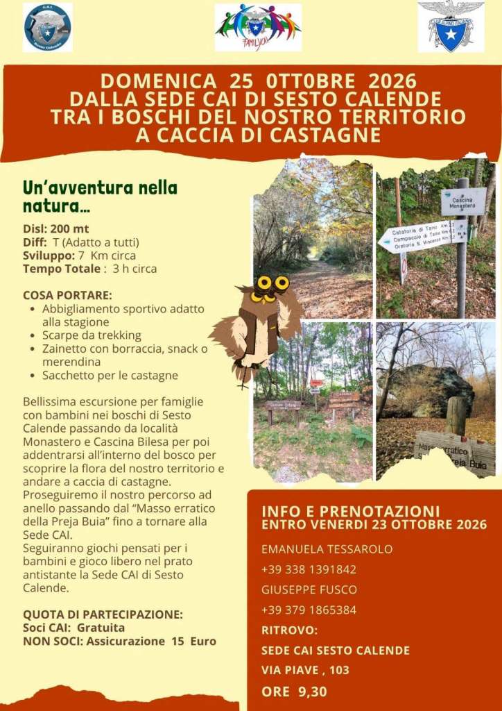 Volantino per un'escursione in natura a Sesto Calende, a caccia di castagne, con dettagli su data, percorso e informazioni utili.