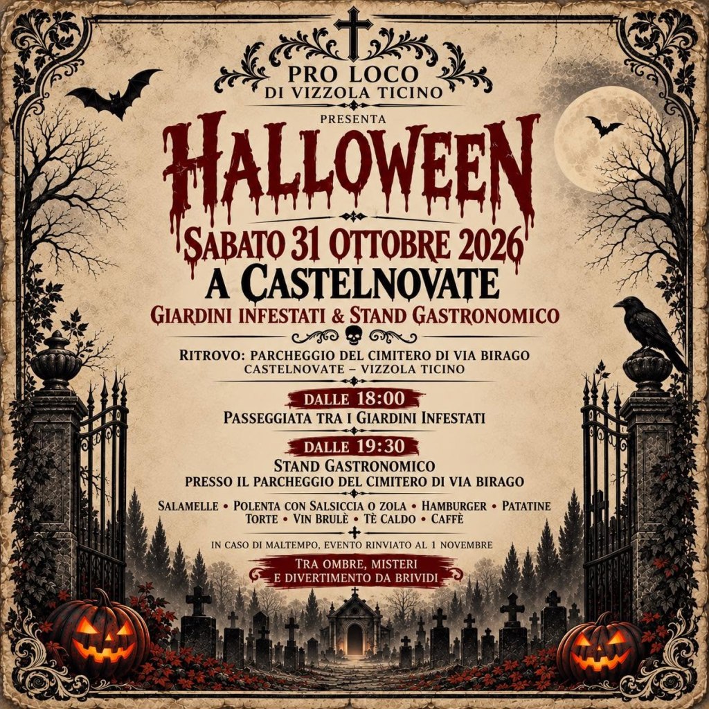 Manifesto dell'evento Halloween a Castelnovate, sabato 31 ottobre 2026, con dettagli su giardini infestati e stand gastronomico.
