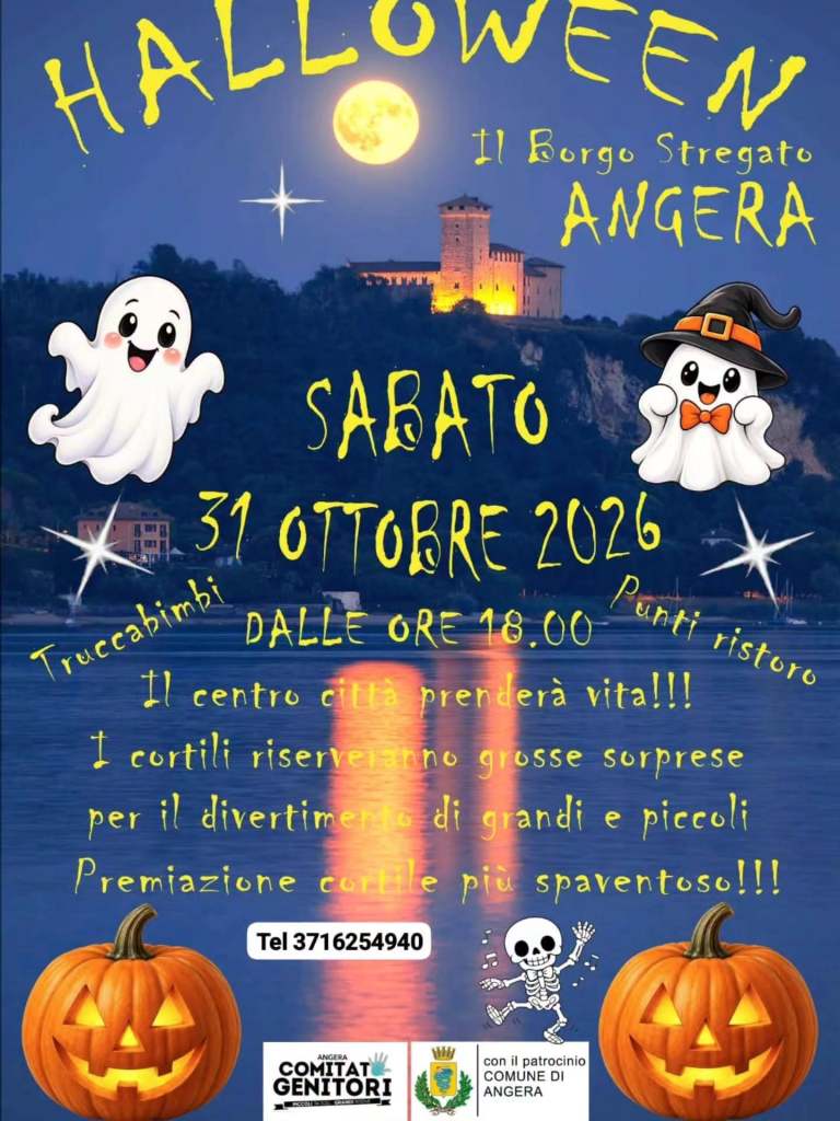 Manifesto di Halloween per il Borgo Stregato di Angera, con data, orario e dettagli sull'evento. Include fantasmini, una zucca intagliata e un panorama notturno con luna.