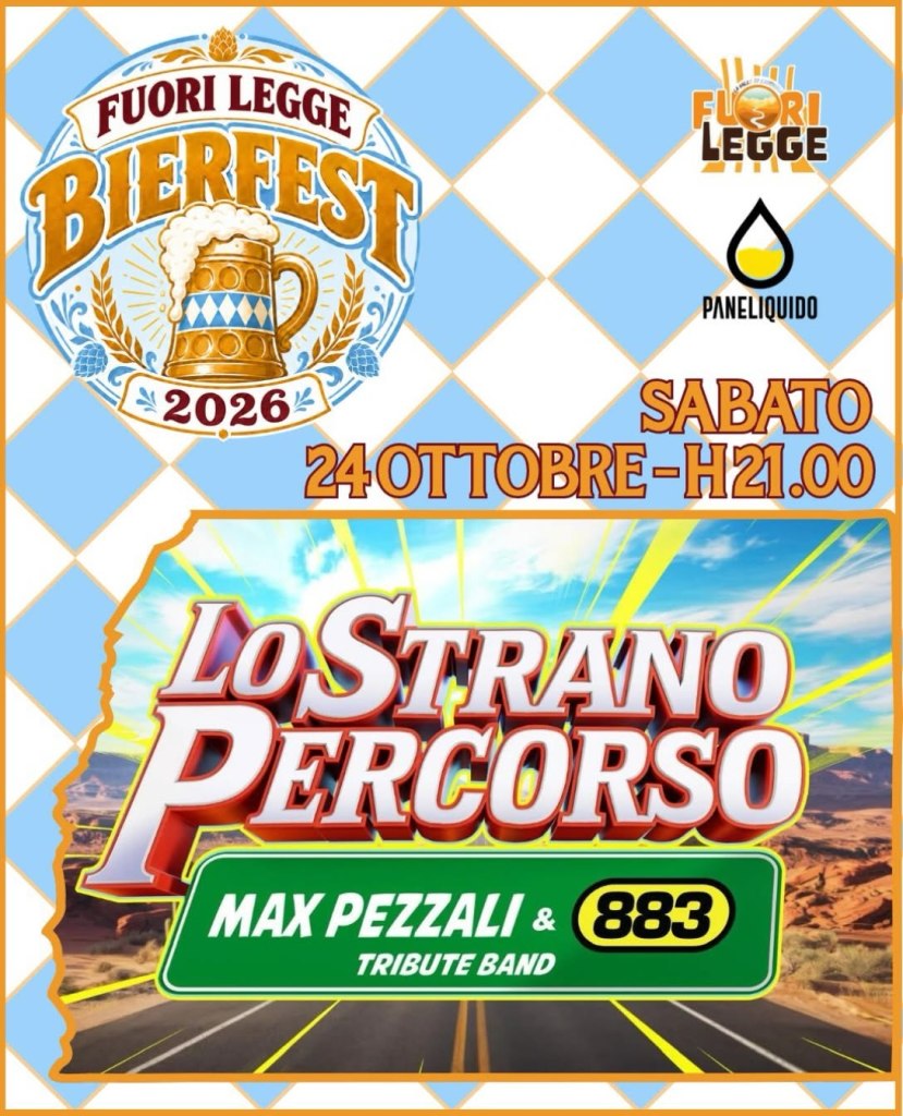 Locandina del Bierfest Fuori Legge 2026 con data e ora dell'evento. Si presenta un logo con una pinta di birra e dettagli sulla band Max Pezzali & 883.