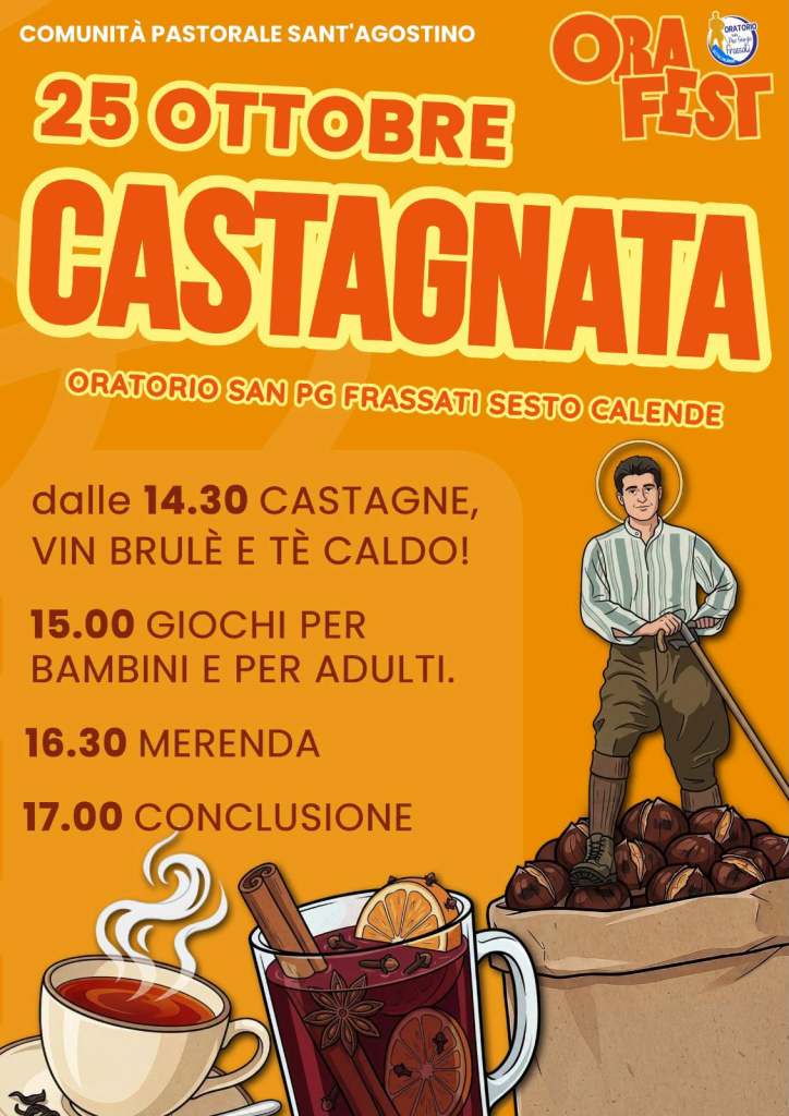 Manifesto per l'evento 'Castagnata' del 25 ottobre, con dettagli su attività come gioco per bambini e adulti, merenda e conclusione. Include immagini di bevande calde e castagne.