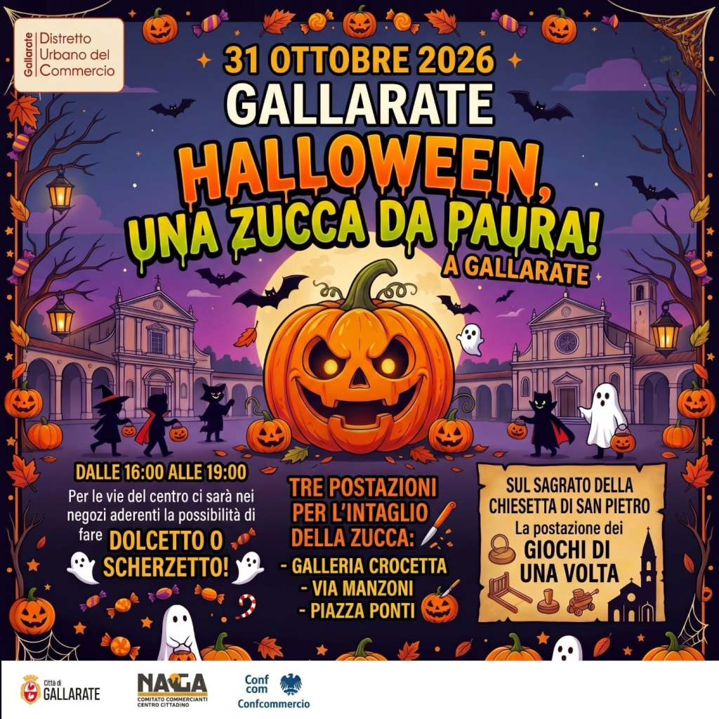 Manifesto per Halloween a Gallarate, con illustrazioni di zucche, fantasmi e streghe. Data: 31 ottobre 2026, orario 16:00-19:00. Attività per l'intaglio della zucca e giochi.