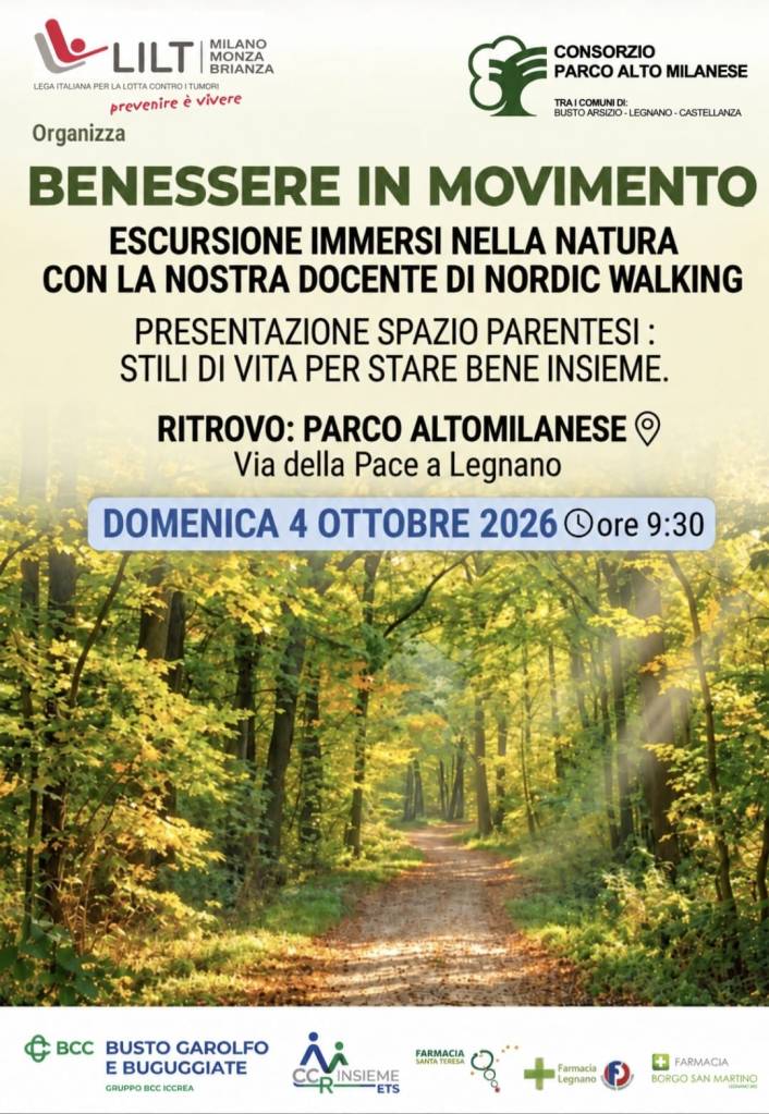 Manifesto per l'escursione 'Benessere in Movimento' nel Parco Altomilanese, con dettagli sulla data, il ritrovo e attività di Nordic Walking.