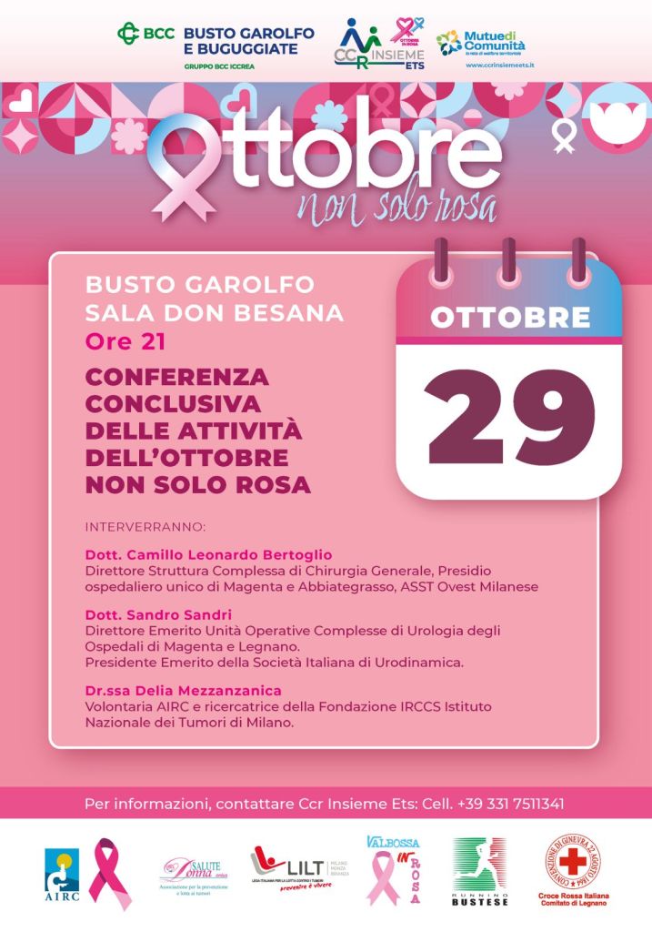 Locandina per un evento di sensibilizzazione per il mese di ottobre, con dettagli su una conferenza che si tiene a Busto Garolfo il 29 ottobre. Mostra il logo di vari sponsor e istituzioni coinvolte.