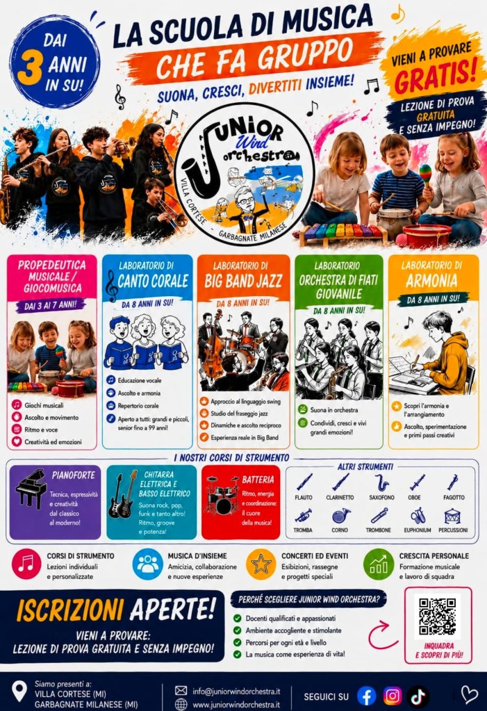 Manifesto della Junior Wind Orchestra, evidenziando corsi di musica per bambini da 3 anni in su, inclusi laboratori di canto corale, big band jazz, orchestra di fiati e armonia.