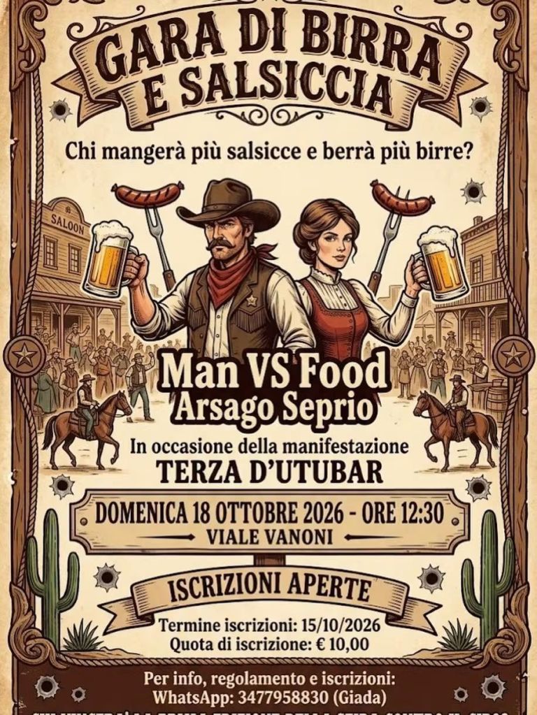 Locandina per un evento di gara di birra e salsiccia con cowboy e cowboy, data e dettagli di iscrizione inclusi.