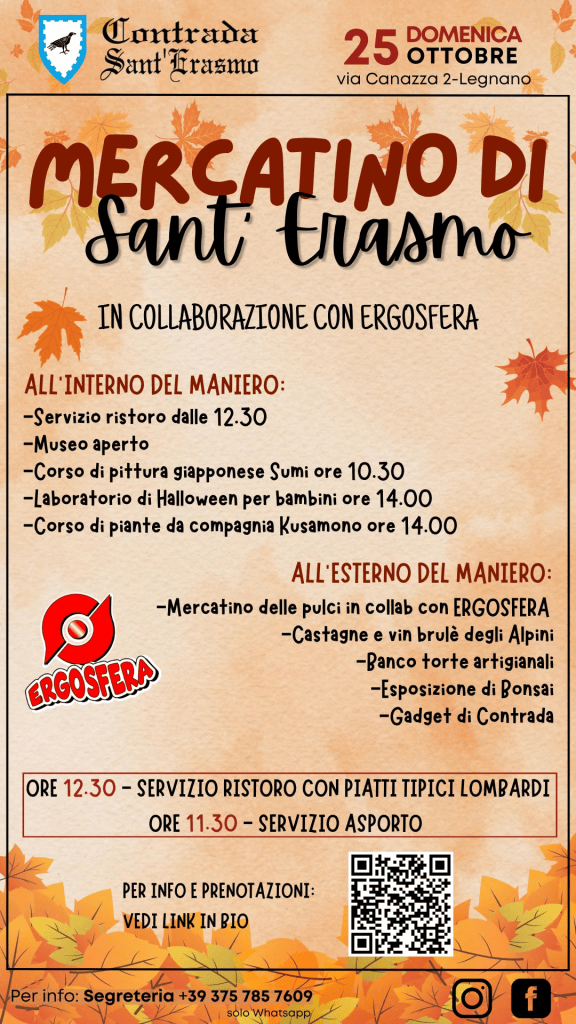 Volantino del Mercatino di Sant'Erasmo, con dettagli su eventi e attività in programma, come servizio di ristorazione, corsi di pittura giapponese e mercatino delle pulci.