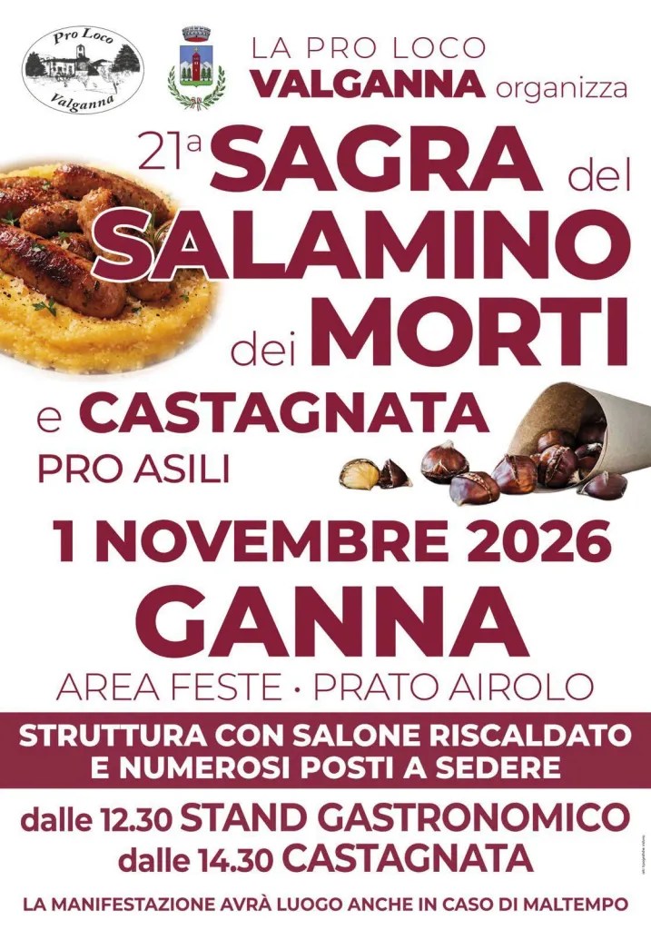 Locandina della 21ª Sagra del Salame dei Morti e Castagnata a Ganna, con data del 1 novembre 2026. Mostra informazioni sulla location e sugli orari degli eventi gastronomici.