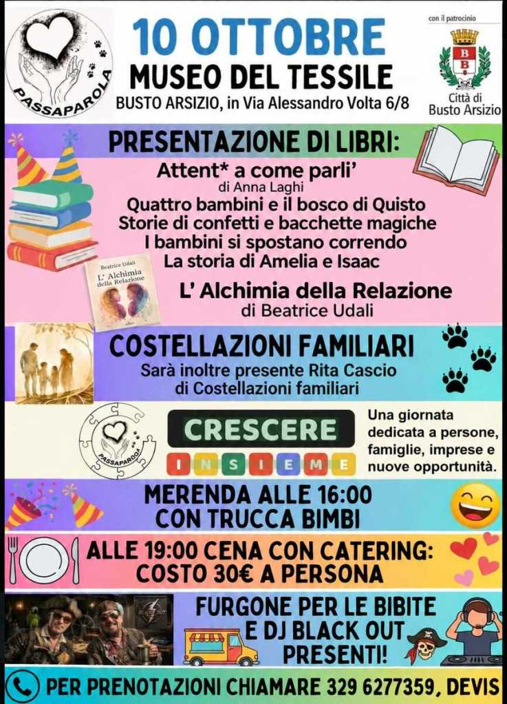 Locandina per l'evento Passaparola al Museo del Tessile di Busto Arsizio, con informazioni su presentazioni di libri, costellazioni familiari, merenda per bambini e cena con catering.