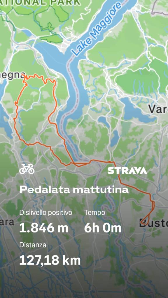Mappa di un percorso ciclistico con un tracciato arancione, evidenziando un'escursione di 127,18 km con un dislivello di 1.846 m e un tempo di 6 ore.